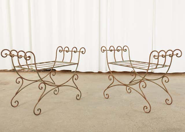 Pair of Hollywood Regency Wrought Iron Curule Benches