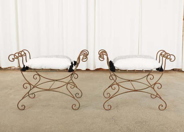Pair of Hollywood Regency Wrought Iron Curule Benches