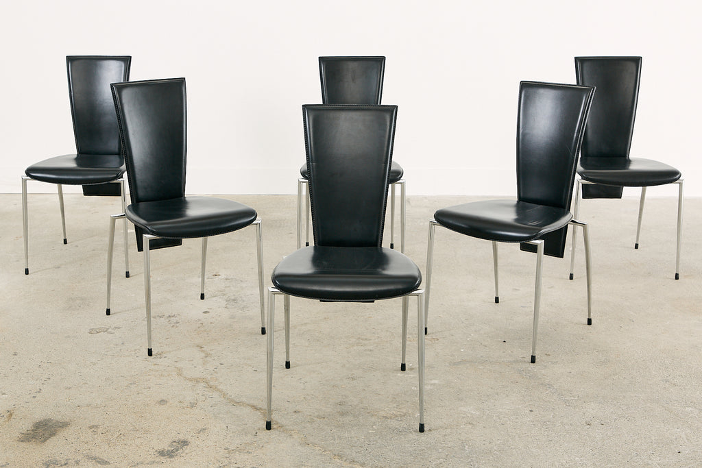 Set of Six Italian Arper Modern Leather Chrome Dining Chairs