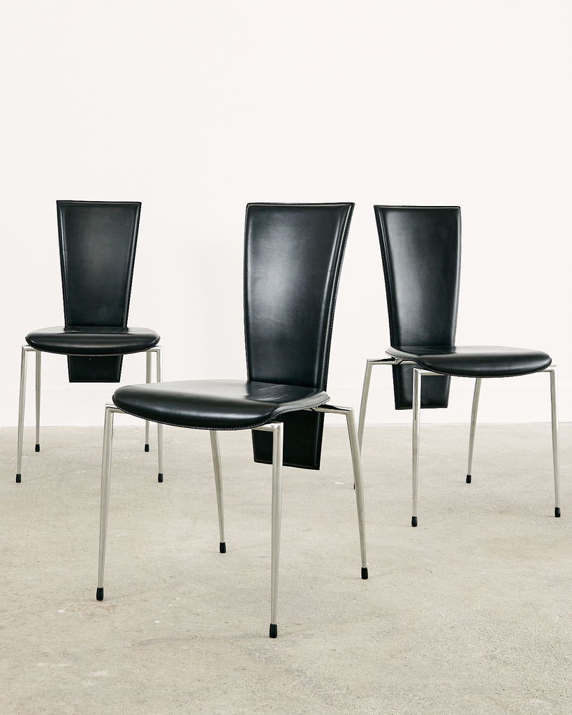 Set of Six Italian Arper Modern Leather Chrome Dining Chairs