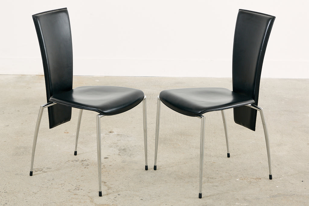 Set of Six Italian Arper Modern Leather Chrome Dining Chairs