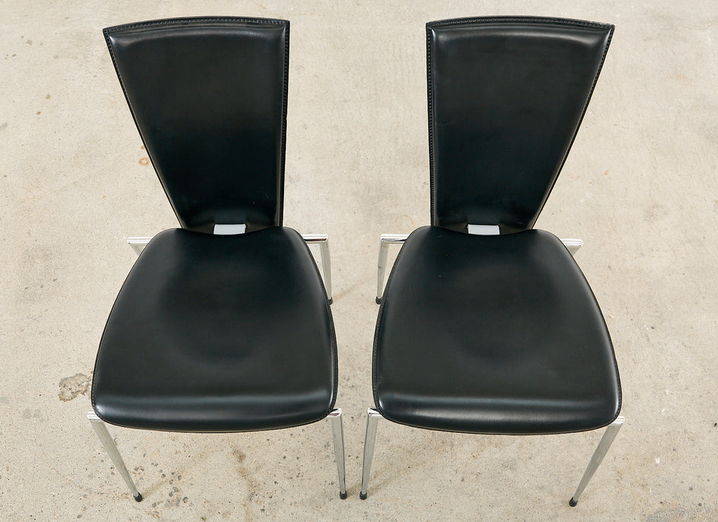 Set of Six Italian Arper Modern Leather Chrome Dining Chairs