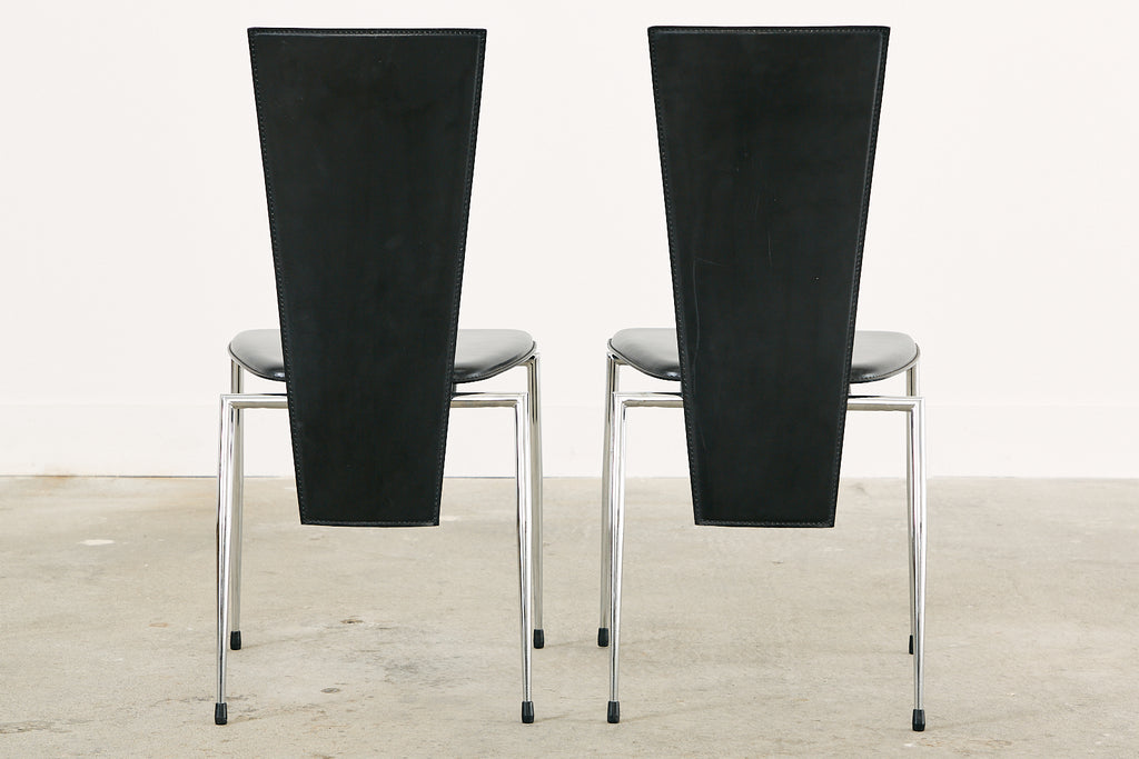 Set of Six Italian Arper Modern Leather Chrome Dining Chairs