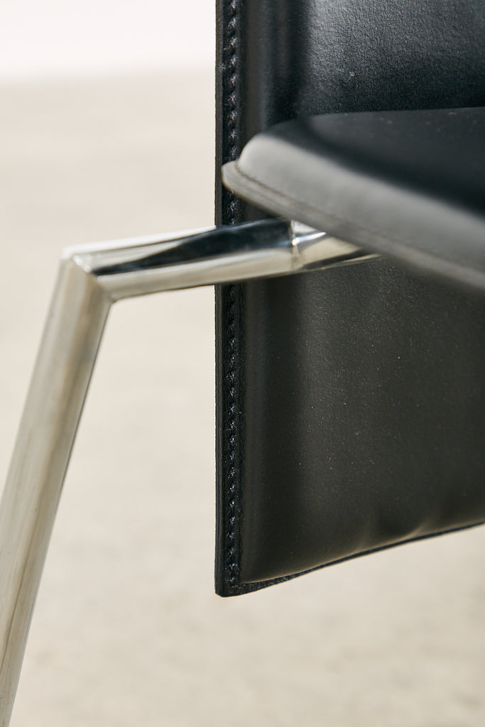 Set of Six Italian Arper Modern Leather Chrome Dining Chairs