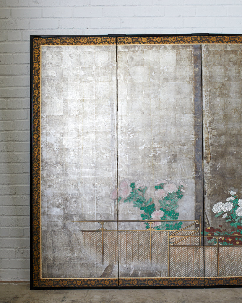 Pair of Japanese Edo Screens Chrysanthemums Along Fence