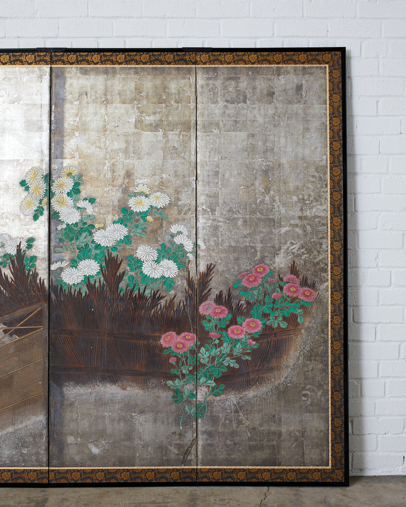 Pair of Japanese Edo Screens Chrysanthemums Along Fence
