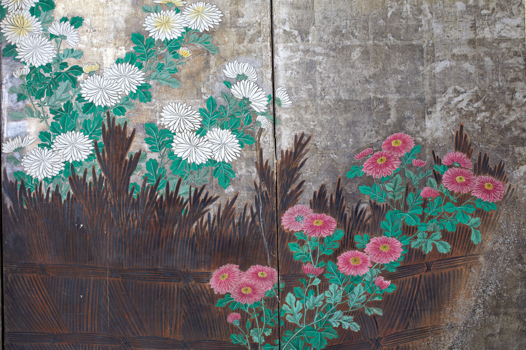 Pair of Japanese Edo Screens Chrysanthemums Along Fence