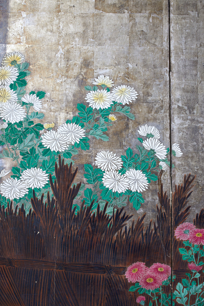 Pair of Japanese Edo Screens Chrysanthemums Along Fence