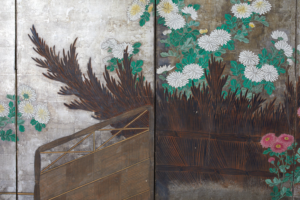 Pair of Japanese Edo Screens Chrysanthemums Along Fence