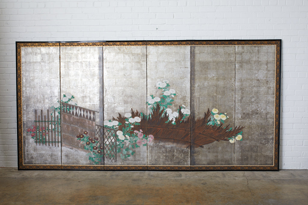 Pair of Japanese Edo Screens Chrysanthemums Along Fence