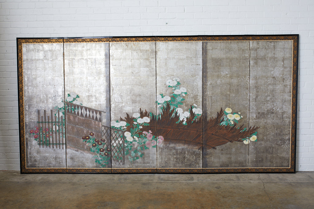 Pair of Japanese Edo Screens Chrysanthemums Along Fence