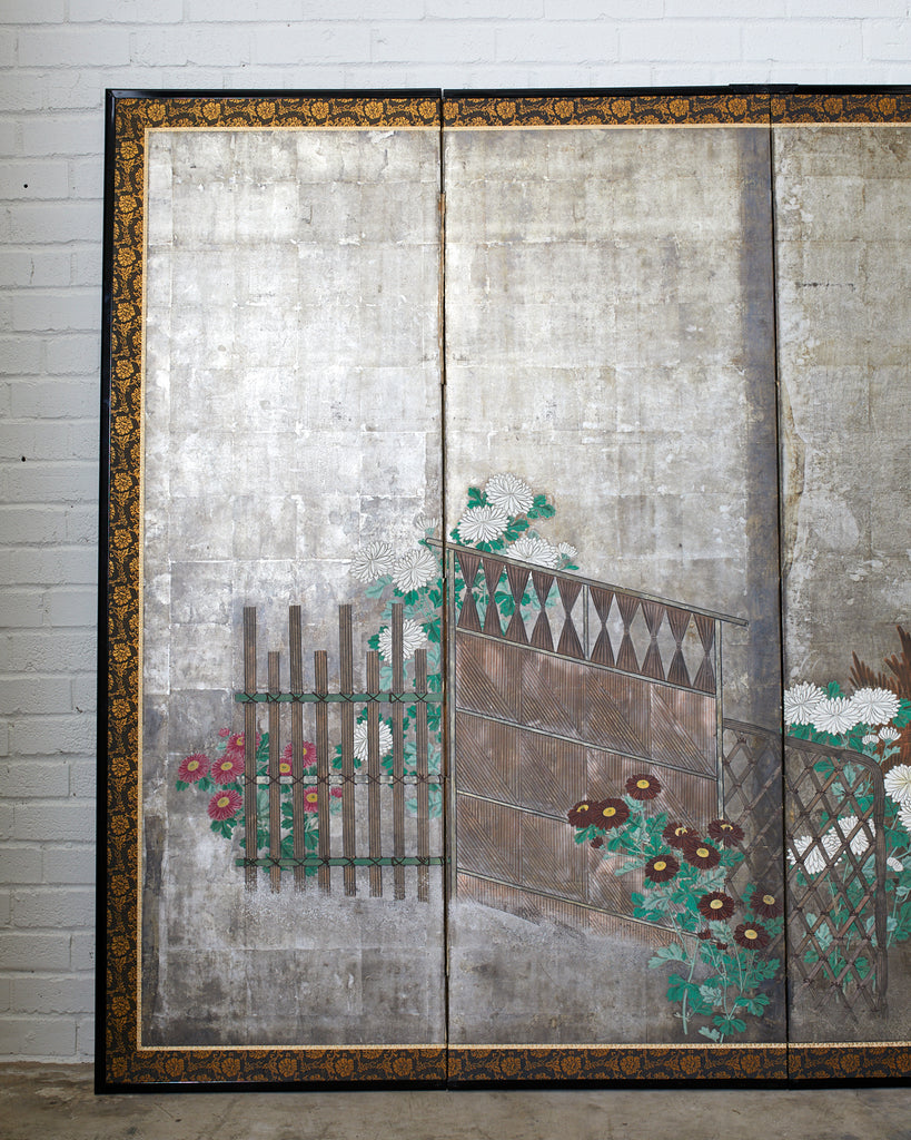 Pair of Japanese Edo Screens Chrysanthemums Along Fence