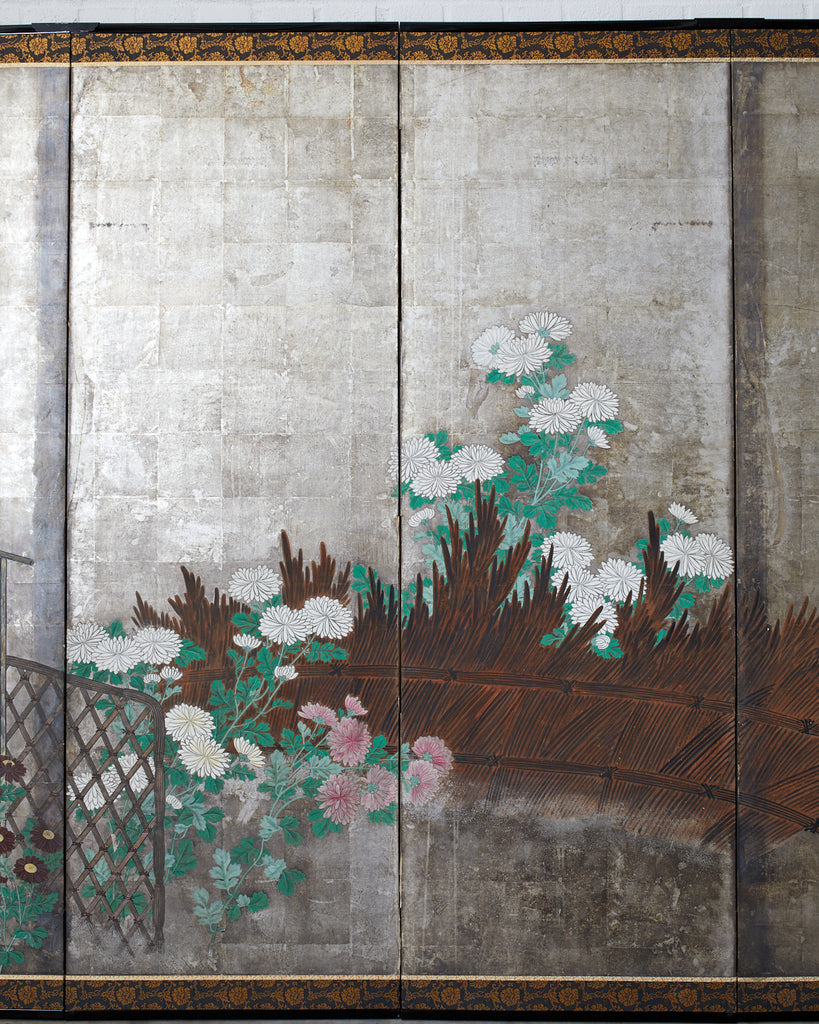 Pair of Japanese Edo Screens Chrysanthemums Along Fence