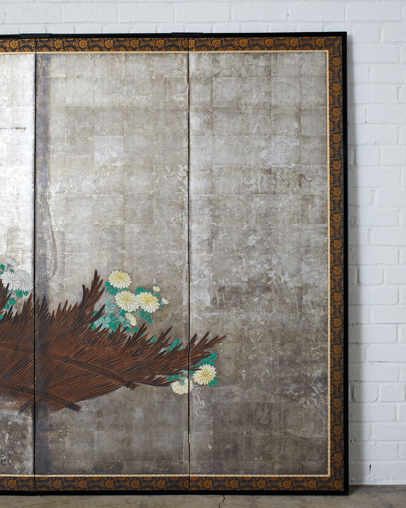 Pair of Japanese Edo Screens Chrysanthemums Along Fence