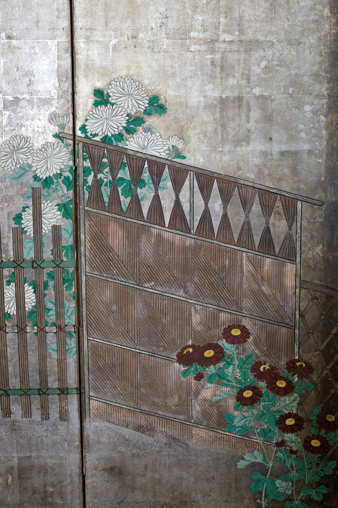 Pair of Japanese Edo Screens Chrysanthemums Along Fence
