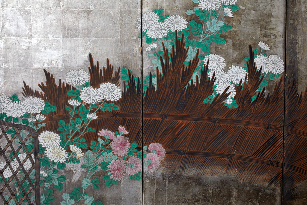 Pair of Japanese Edo Screens Chrysanthemums Along Fence