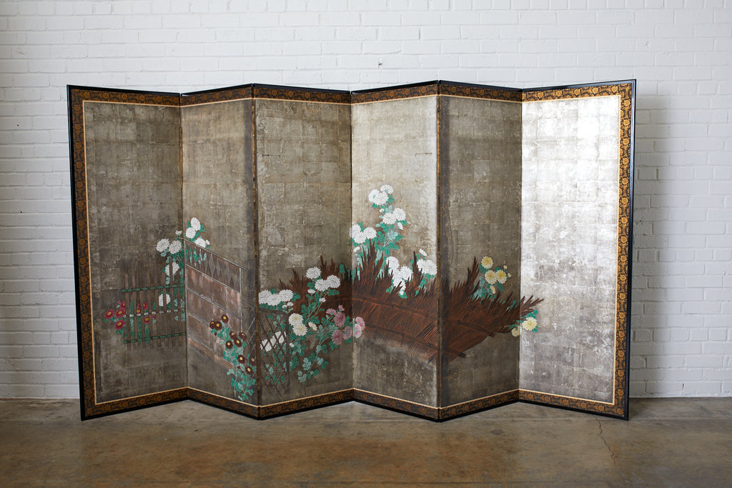Pair of Japanese Edo Screens Chrysanthemums Along Fence