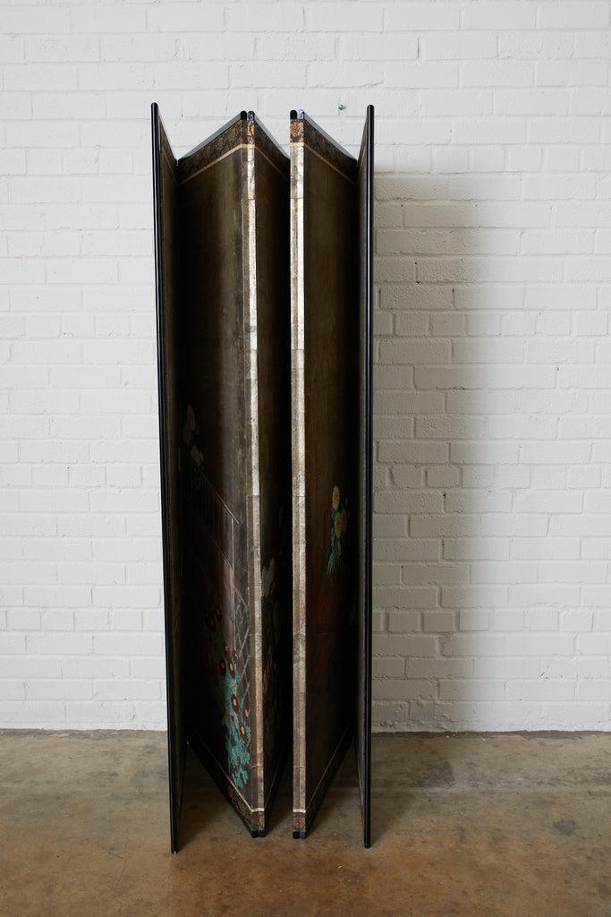 Pair of Japanese Edo Screens Chrysanthemums Along Fence