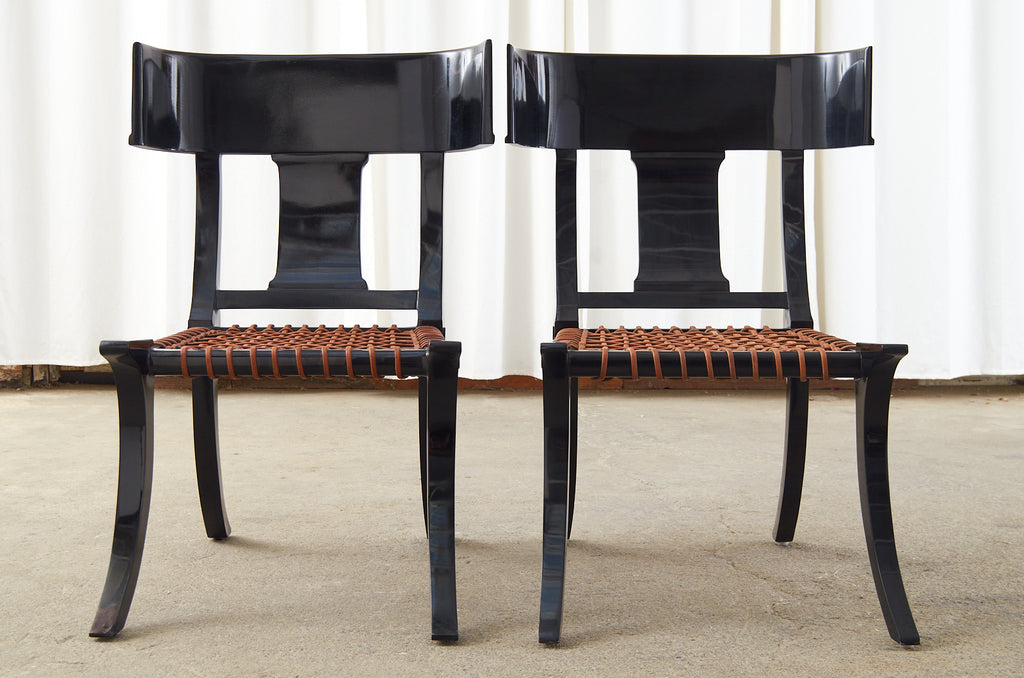 Pair of Ebonized Leather Rope Klismos Chairs After Robsjohn-Gibbings