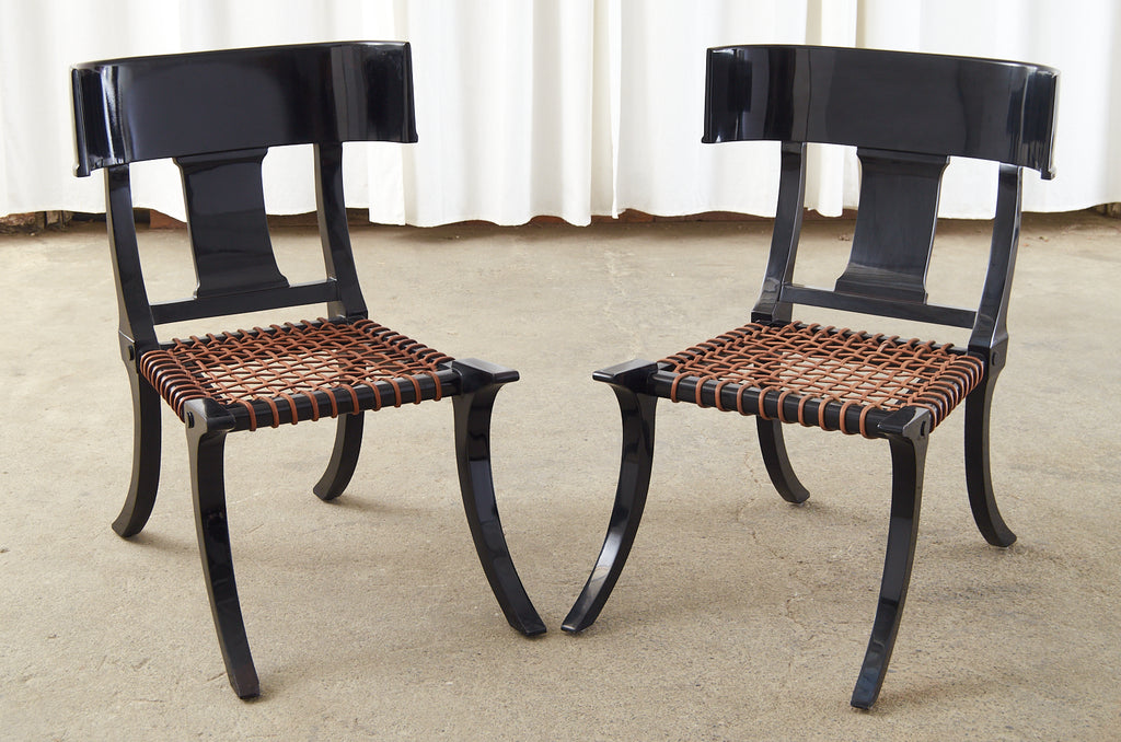 Pair of Ebonized Leather Rope Klismos Chairs After Robsjohn-Gibbings