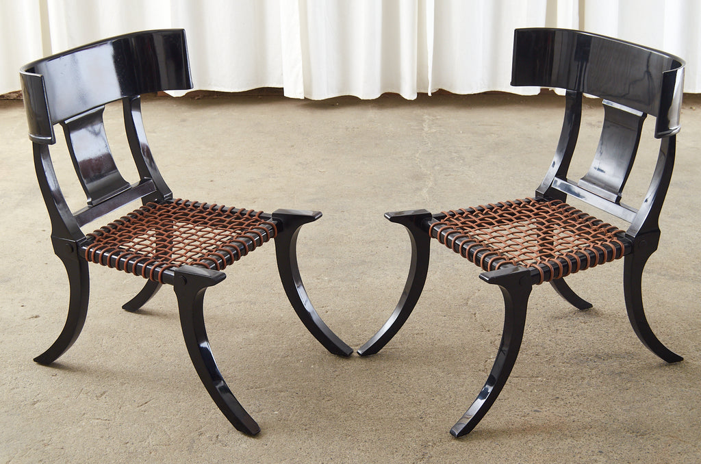 Pair of Ebonized Leather Rope Klismos Chairs After Robsjohn-Gibbings