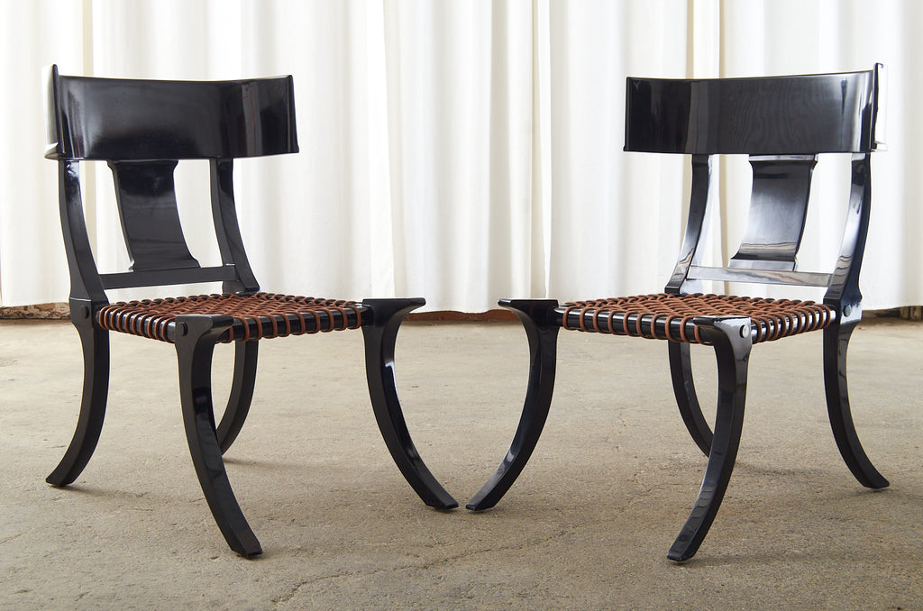 Pair of Ebonized Leather Rope Klismos Chairs After Robsjohn-Gibbings