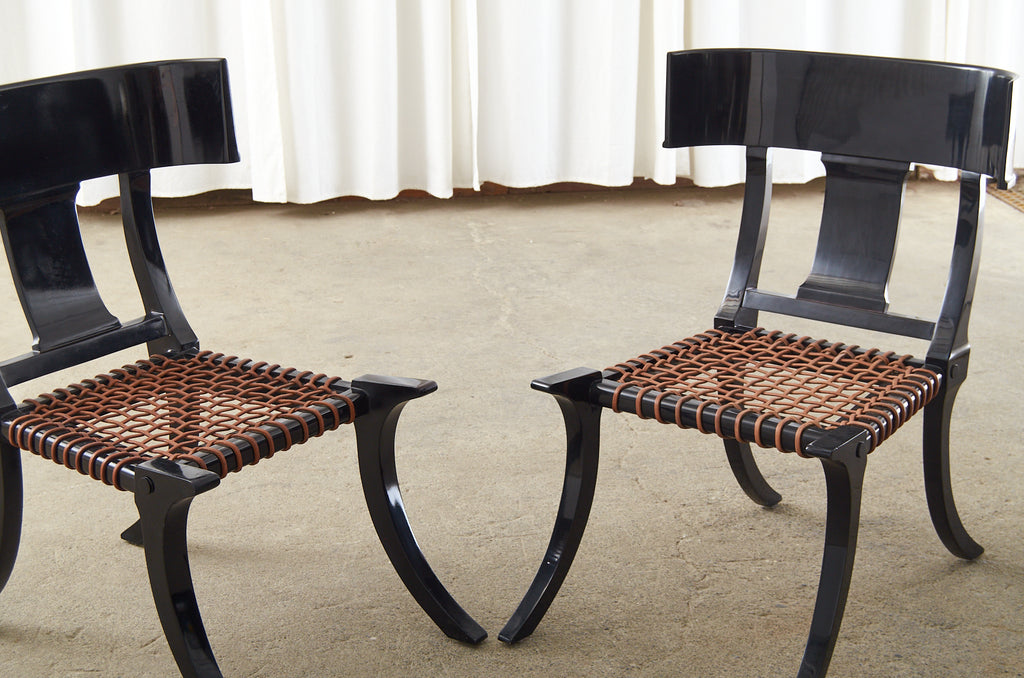 Pair of Ebonized Leather Rope Klismos Chairs After Robsjohn-Gibbings