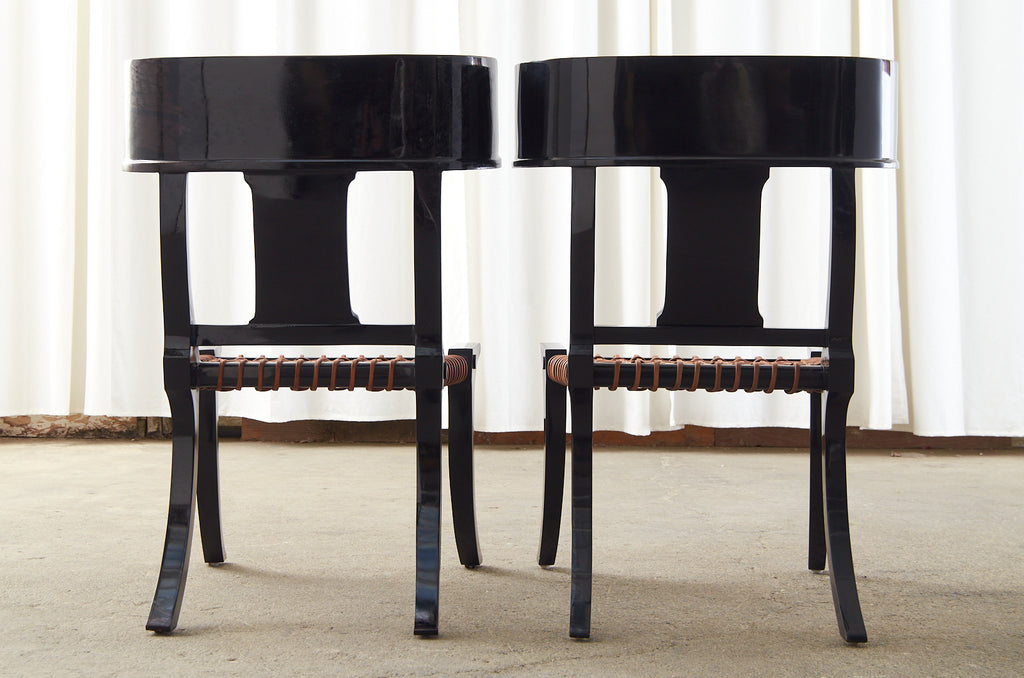 Pair of Ebonized Leather Rope Klismos Chairs After Robsjohn-Gibbings