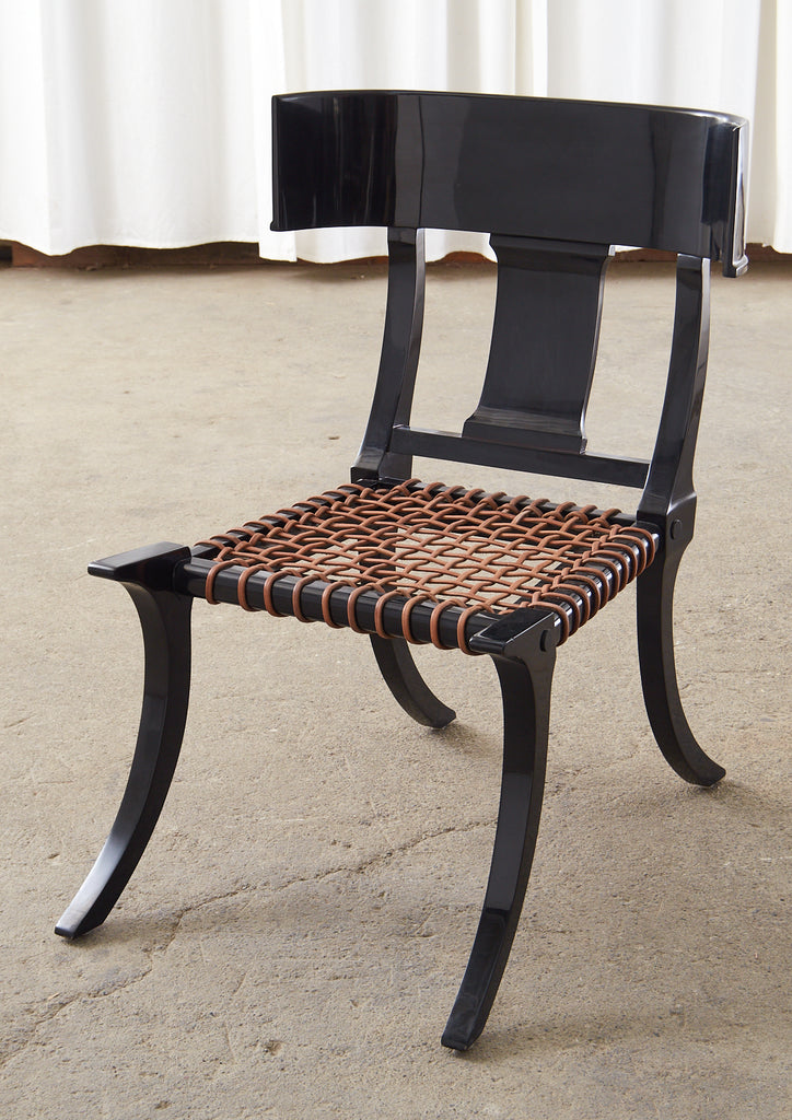 Pair of Ebonized Leather Rope Klismos Chairs After Robsjohn-Gibbings