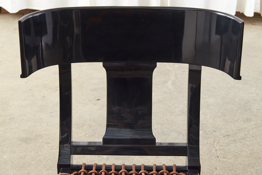 Pair of Ebonized Leather Rope Klismos Chairs After Robsjohn-Gibbings