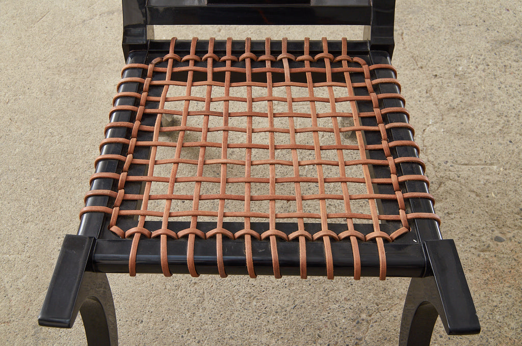 Pair of Ebonized Leather Rope Klismos Chairs After Robsjohn-Gibbings