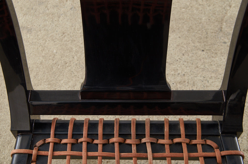 Pair of Ebonized Leather Rope Klismos Chairs After Robsjohn-Gibbings