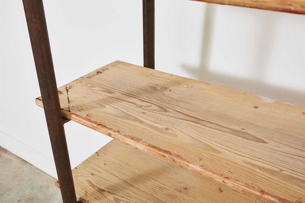 Pair of Patinated Iron and Pine Bakers Rack or Bookshelves