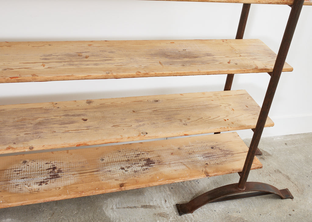 Pair of Patinated Iron and Pine Bakers Rack or Bookshelves