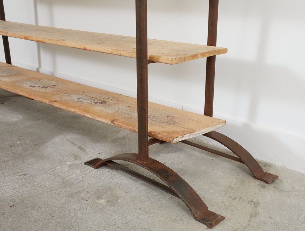 Pair of Patinated Iron and Pine Bakers Rack or Bookshelves