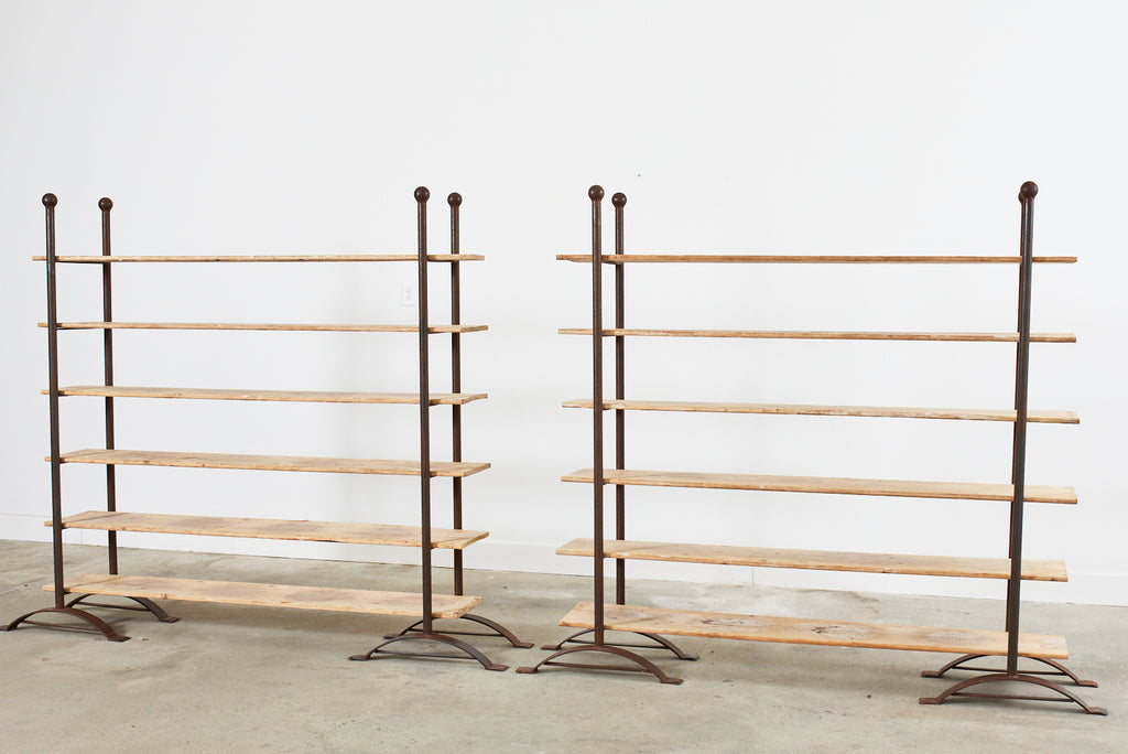 Pair of Patinated Iron and Pine Bakers Rack or Bookshelves