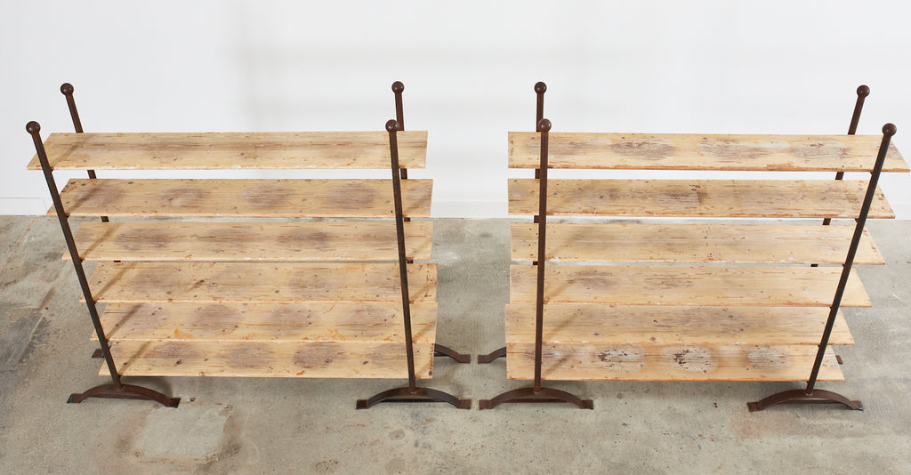 Pair of Patinated Iron and Pine Bakers Rack or Bookshelves