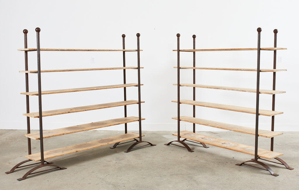 Pair of Patinated Iron and Pine Bakers Rack or Bookshelves