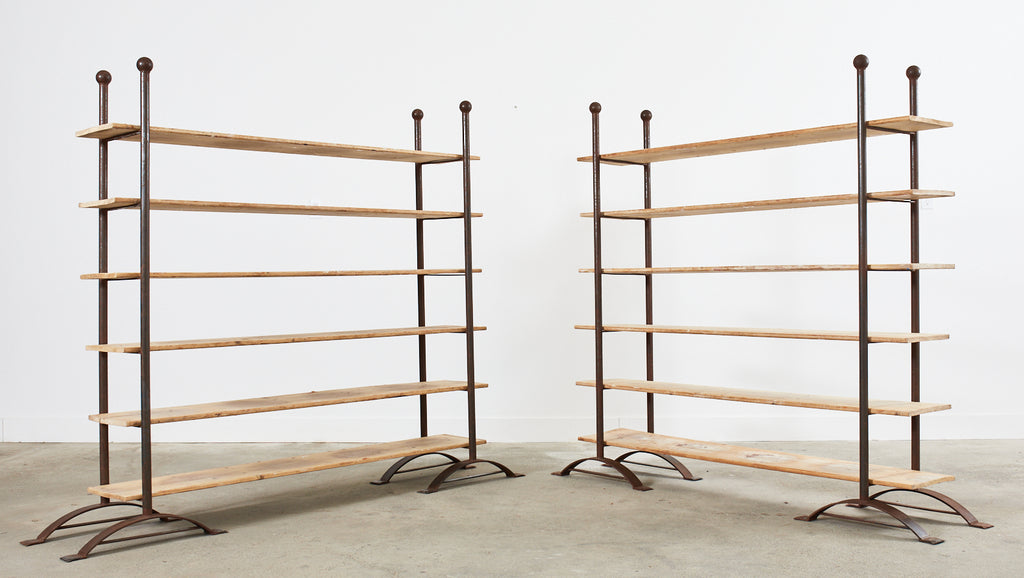 Pair of Patinated Iron and Pine Bakers Rack or Bookshelves