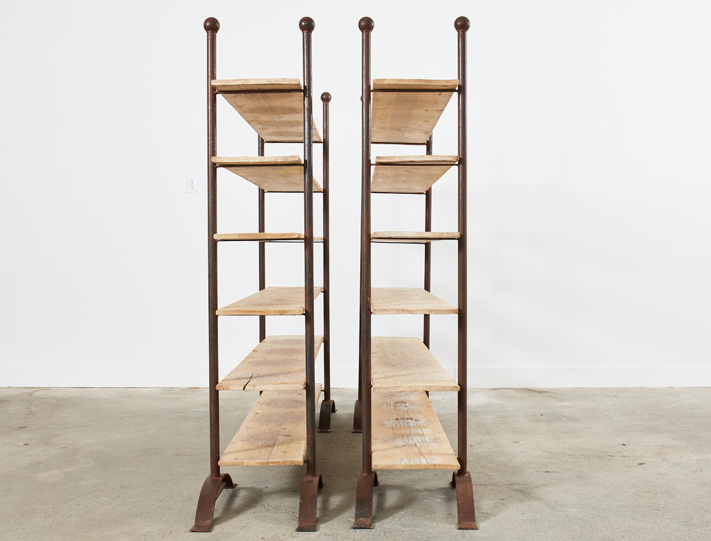 Pair of Patinated Iron and Pine Bakers Rack or Bookshelves