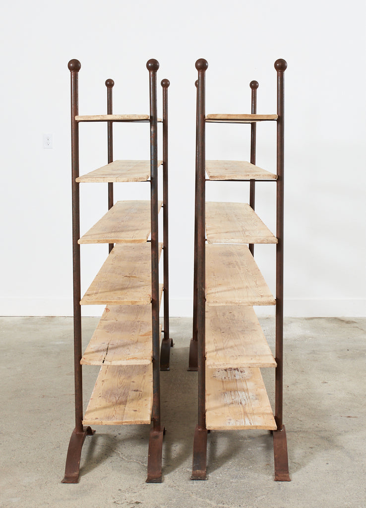 Pair of Patinated Iron and Pine Bakers Rack or Bookshelves