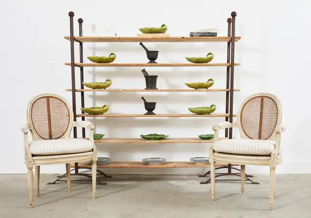 Pair of Patinated Iron and Pine Bakers Rack or Bookshelves