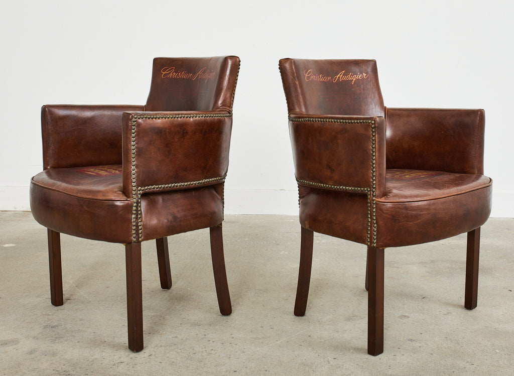 Set of Four Christian Audigier Cigar Leather Monogram Club Chairs