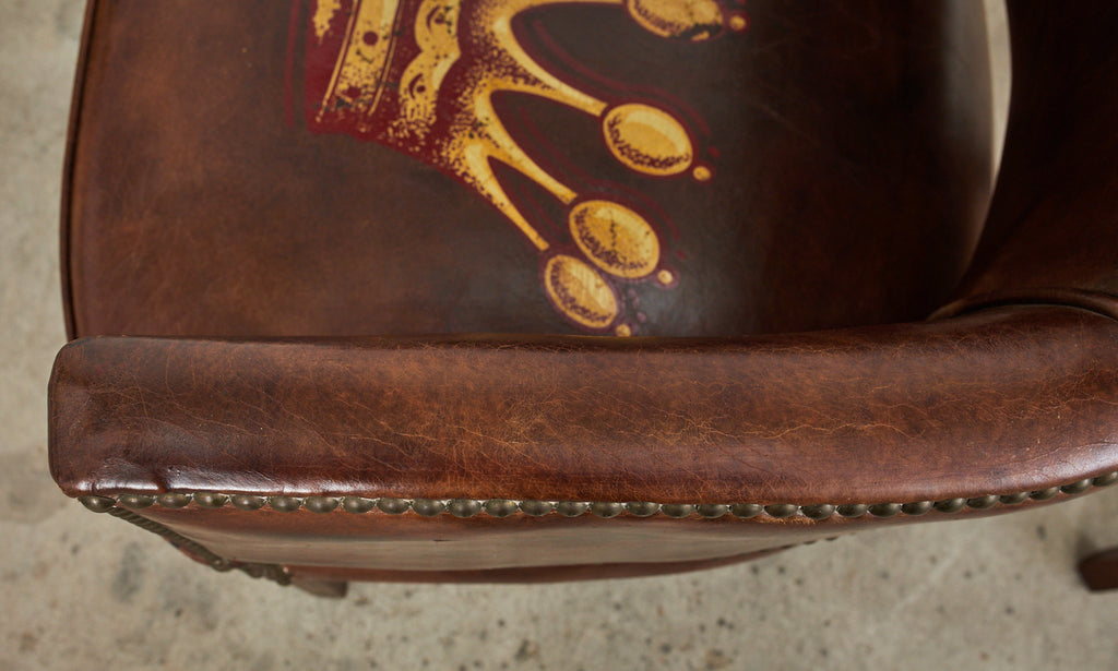 Set of Four Christian Audigier Cigar Leather Monogram Club Chairs