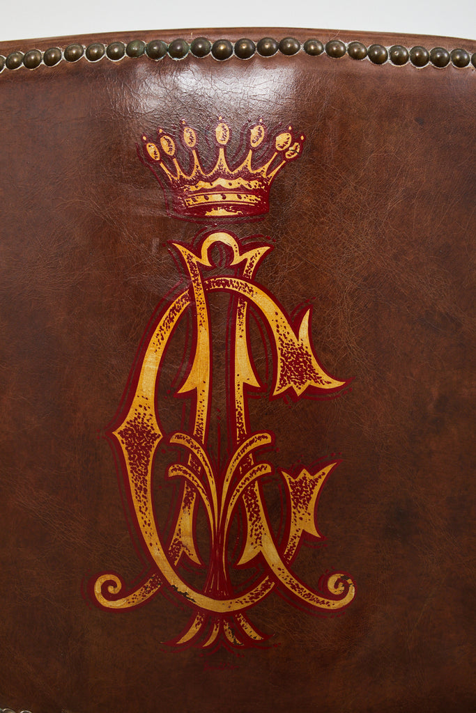 Set of Four Christian Audigier Cigar Leather Monogram Club Chairs