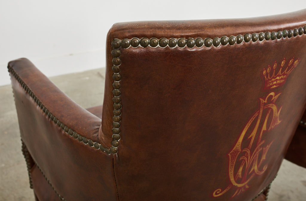 Set of Four Christian Audigier Cigar Leather Monogram Club Chairs