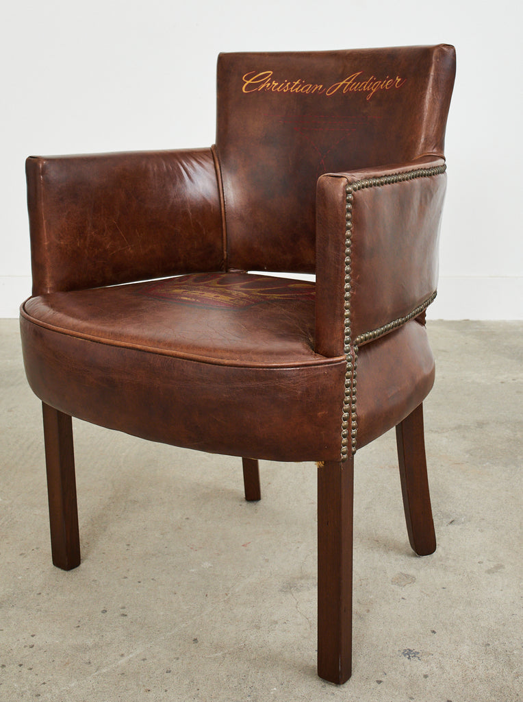 Set of Four Christian Audigier Cigar Leather Monogram Club Chairs