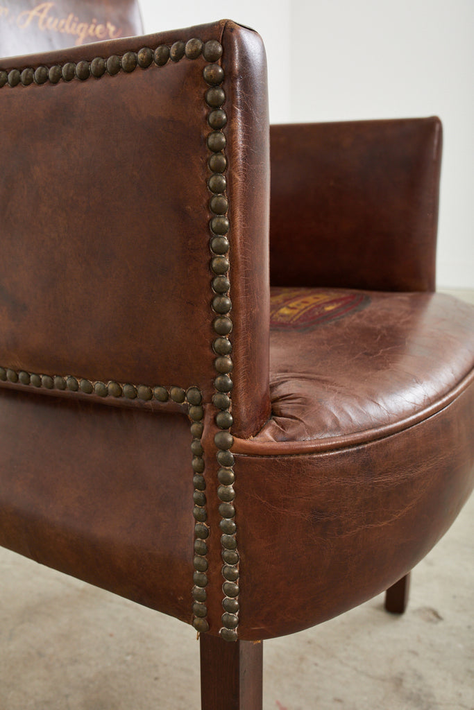 Set of Four Christian Audigier Cigar Leather Monogram Club Chairs