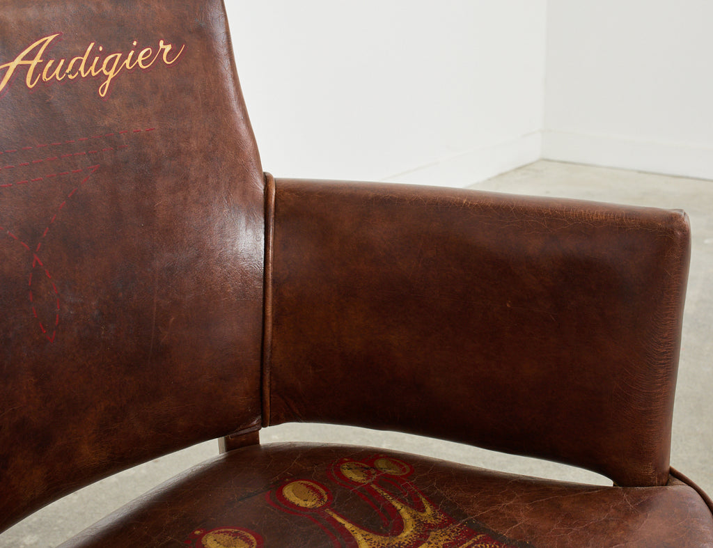 Set of Four Christian Audigier Cigar Leather Monogram Club Chairs