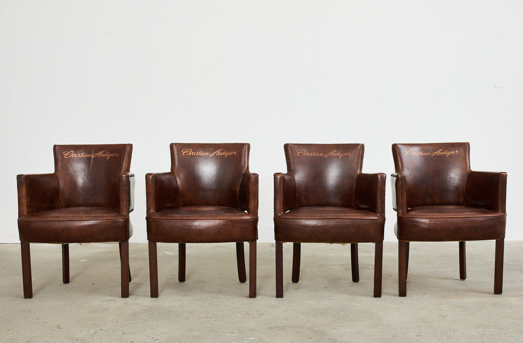 Set of Four Christian Audigier Cigar Leather Monogram Club Chairs